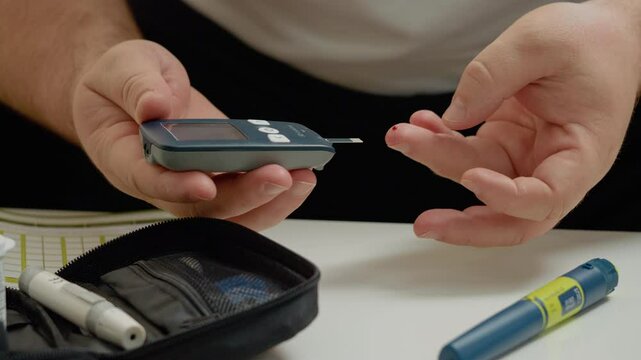 A man pricks his finger to draw blood, then places a drop on a glucometer strip to check his blood sugar. He prepares to inject insulin for diabetes management.