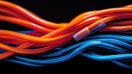 Dynamic Contrast of Colorful Orange and Blue Electrical Wires Connected with Plastic Connectors Against a Black Backdrop