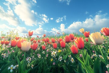 Sunny field, colorful tulips, spring, meadow, nature, postcard