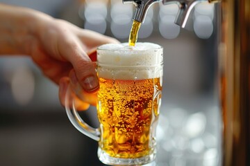 Close up of bartender's hand pouring light foamy beer into clear mug in pub