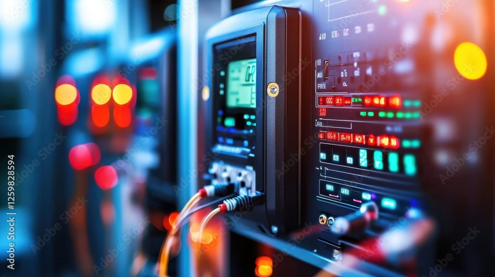 Poster digital control panel with monitoring instruments and indicators in futuristic data center