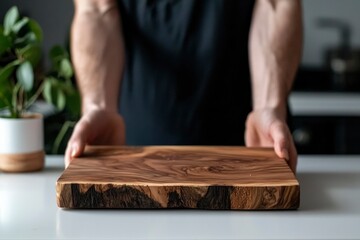 Person holds wooden board in kitchen setting for food presentation or craft use