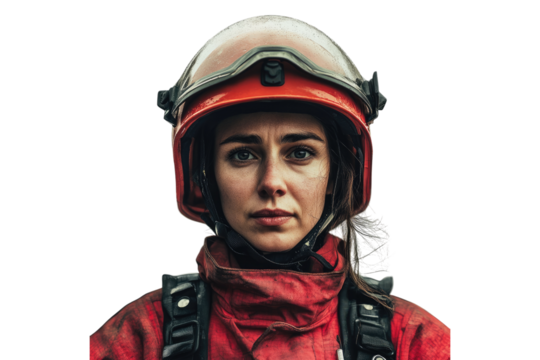 Serious female firefighter in protective uniform and helmet isolated on white or transparent, PNG