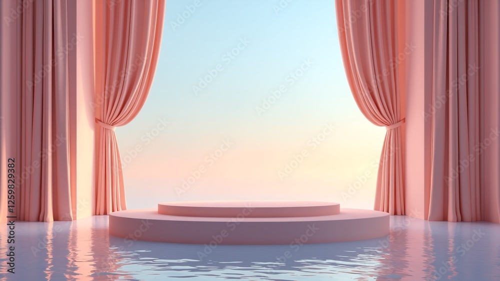 Poster 3d render abstract platform podium on water and waving curtains. Realistic pastel mock-up for products promotion. Abstract modern minimal background with empty podium