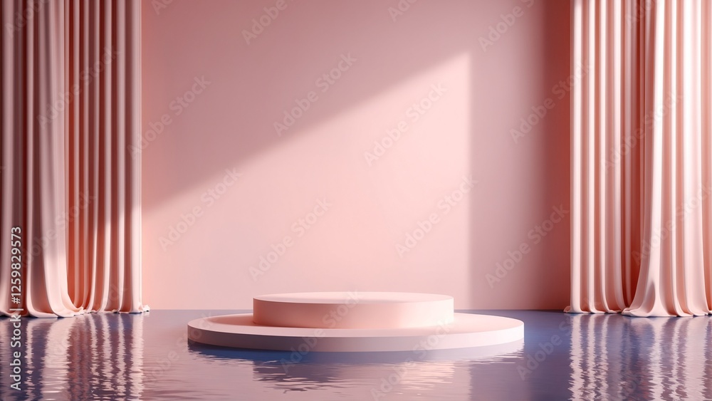 Poster 3d render abstract platform podium on water and waving curtains. Realistic pastel mock-up for products promotion. Abstract modern minimal background with empty podium