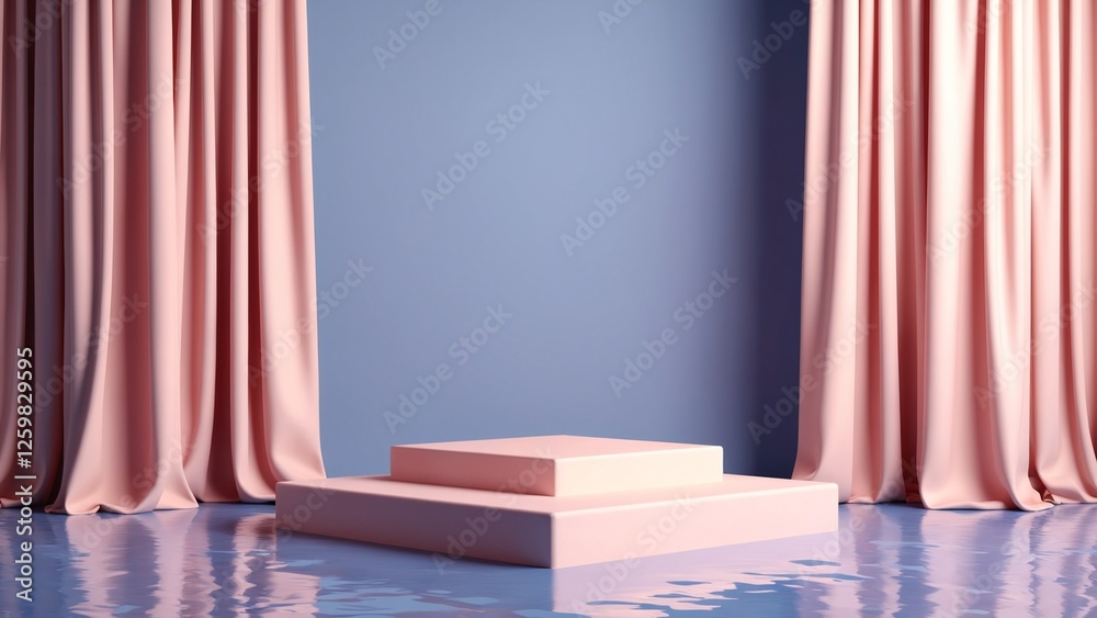 Poster 3d render abstract platform podium on water and waving curtains. Realistic pastel mock-up for products promotion. Abstract modern minimal background with empty podium