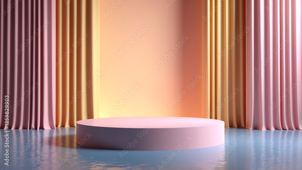 Poster 3d render abstract platform podium on water and waving curtains. Realistic pastel mock-up for products promotion. Abstract modern minimal background with empty podium