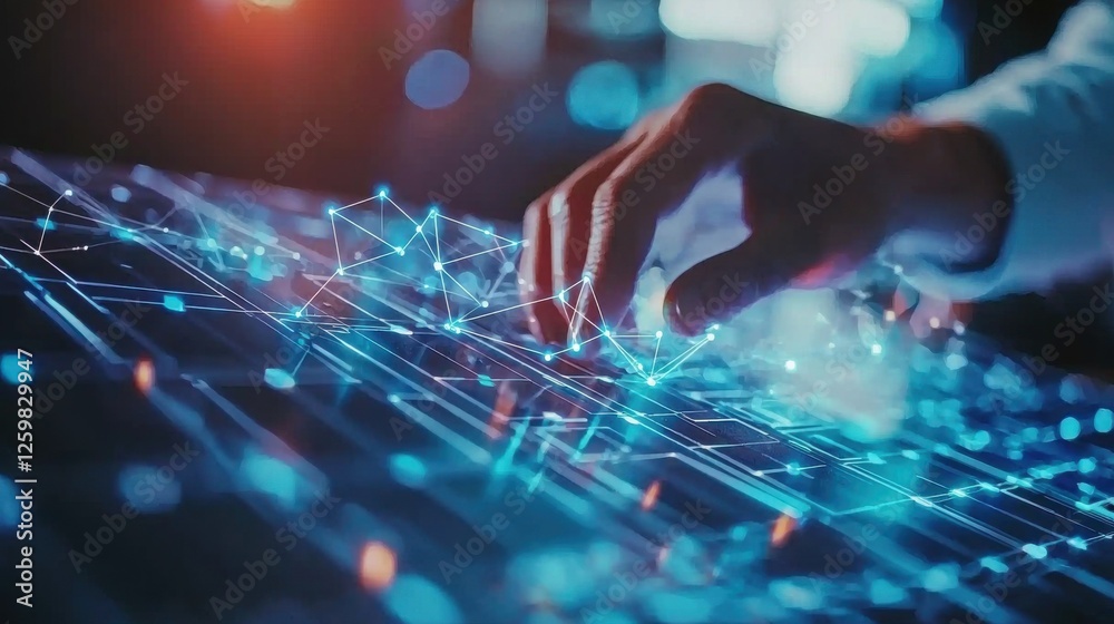 Poster futuristic digital landscape with pulsating cosmic connections and intelligence algorithms