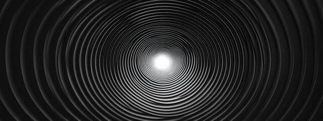 Minimalist abstract spiral pattern on a black background. Banner template with white space for text, ideal for modern and professional design applications.