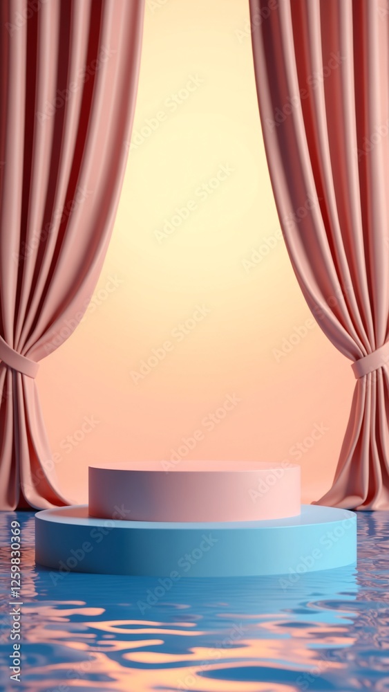 Poster 3d render abstract platform podium on water and waving curtains. Realistic pastel mock-up for products promotion. Abstract modern minimal background with empty podium