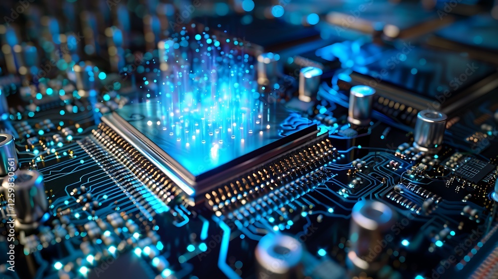 Poster close-up view of a modern microprocessor on a circuit board, showcasing data flow and technological 