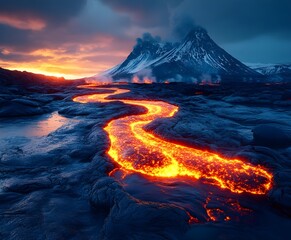 volcano in the sunset Volcano Eruption, Holuhraun, Bardarbunga, Iceland