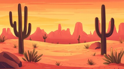 Sunset Desert Landscape with Two Cacti
