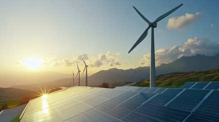 Modern renewable energy facility with solar panels and wind turbines. Featuring sustainable energy sources. Highlighting green energy solutions. Ideal for environmental sustainability articles.