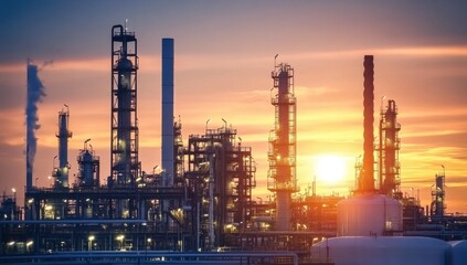 Obraz premium Sunset Over Industrial Refinery Complex: A Stunning Silhouette Against a Vibrant Sky