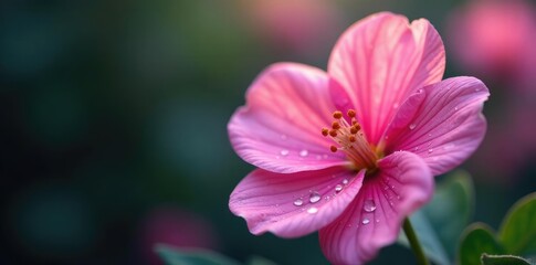 Obraz premium A single pink flower with delicate details on its petals and glistening droplets of dew, floral detail, botanical