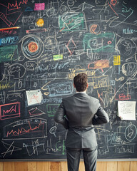 Businessman Analyzing Complex Chalkboard Diagrams and Graphs in Office Setting