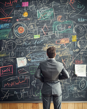 Businessman Analyzing Complex Chalkboard Diagrams and Graphs in Office Setting