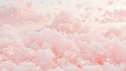 Obraz premium Pink Heart Sky: A dreamy, pastel-colored sky filled with fluffy clouds and floating pink hearts, creating a whimsical and romantic atmosphere. Perfect for Valentine's Day, love-themed projects.
