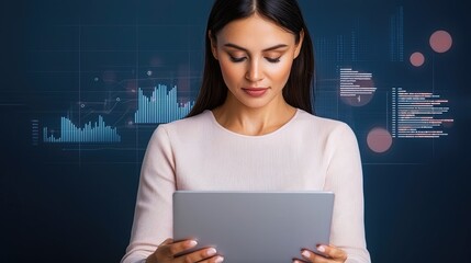 A woman examines data on a tablet against a digital background, highlighting technology and analytics in a modern setting.