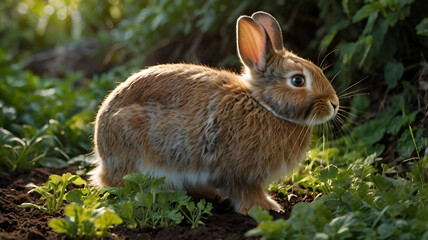 Fototapeta premium Fluffy Rabbit in Lush Garden with Carrot Seedlings, Natural Spring Beauty
