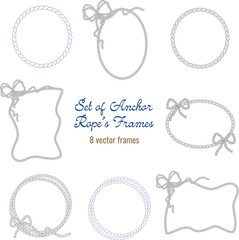 Anchor rope's frames vector flat colelction.  Cute rope's bows trendy illustration in retro style for wedding invitations, greeting cards, banners, flyers and other templates.
