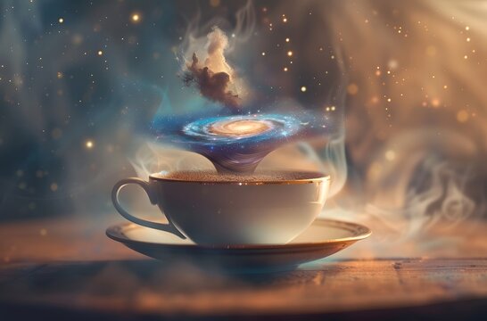 Levitating Cosmic Coffee Cup with Swirling Galaxy Liquid - Powered by Adobe