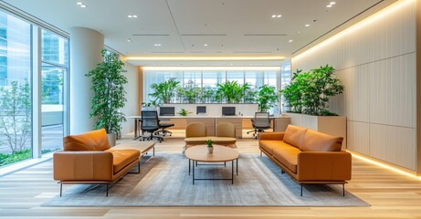 Fototapeta premium A modern office lounge with orange sofas, a wooden coffee table, lush plants, and large windows providing natural light.