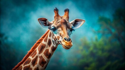 A Gentle Giant's Gaze A Close-Up Portrait of a Giraffe Against a Dreamy Teal Background