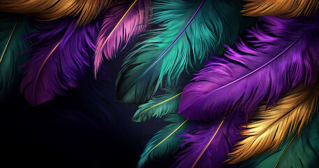 Obraz premium A striking digital art composition of Mardi Gras feathers in vivid purple, green, and gold spreads across a deep, dark background, evoking the festive energy of the carnival season.