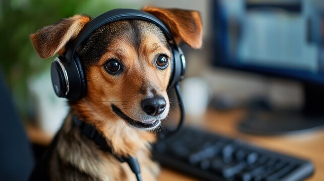 A dog wearing headphones sits at a desk with a computer, exuding a charming and playful vibe. - Powered by Adobe