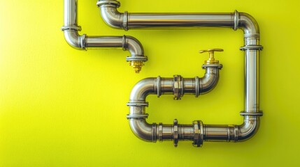 Rust-proof stainless steel pipes and polished brass valves on a vibrant lime green backdrop