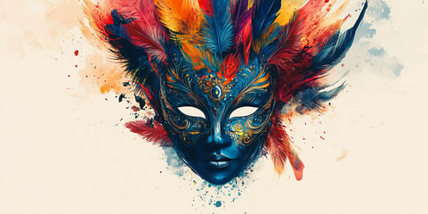 A vibrant Mardi Gras carnival mask with colorful feathers and intricate details stands out against a white background, showcasing the excitement and festive spirit of masquerade celebrations.