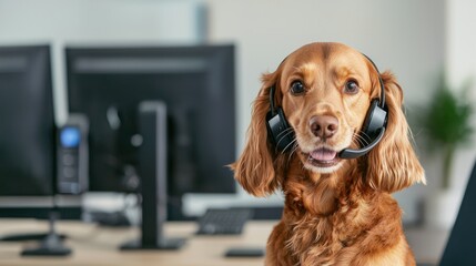A golden retriever dog wearing a headset sits in an office environment, suggesting a playful take on remote work or customer service roles.