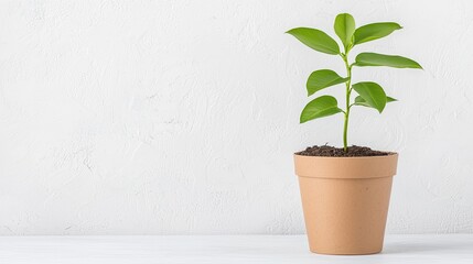Fototapeta premium A small green plant grows in a terracotta pot against a minimalistic white background, symbolizing growth and renewal.