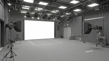 Empty TV studio interior, grayscale,  modern set,  production, ready for use