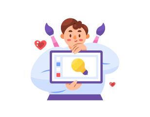 illustration of a man holding a drawing tablet with a brush. concept of graphic designer, illustrator, artist and creative worker. making digital illustration. jobs and professions. flat style