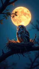 Fototapeta premium Softly glowing moonlight illuminates an owl's nest on a branch, nature, twigs, evening