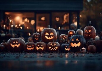 Fototapeta premium Festive Halloween Pumpkins with Spooky Faces and Candlelight Glow