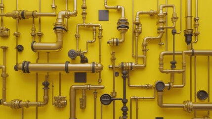 An intricate system of brass pipes with vintage textures on a warm yellow background