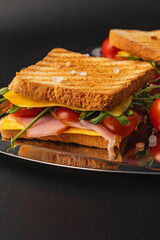 Grilled sandwich stacked with ham, cheese, and fresh vegetables for lunch