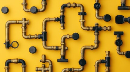 Obraz premium An intricate system of brass pipes with vintage textures on a warm yellow background