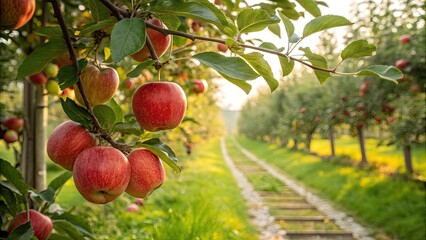 Fototapeta premium Ripe Apples on a Branch in a Lush Garden with Bokeh Effect for Stunning Visual Appeal and Nature Photography
