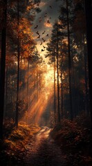Obraz premium Enchanted forest path illuminated by golden sunlight and birds