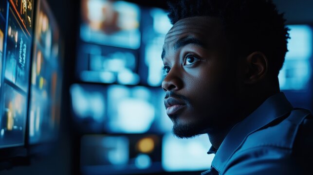 A close-up of a security guard trainee learning to analyze surveillance footage in a mock control room.