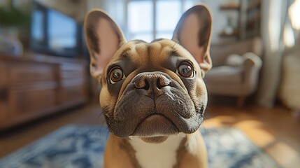 A charismatic image of a French bulldog tilting its head playfully, its wrinkled face full of character, captured in sharp detail with a cozy living room softly blurred in the background. --ar 16:9