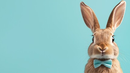 Fototapeta premium Adorable bunny wearing a bowtie making an Easter announcement against a bright teal background.