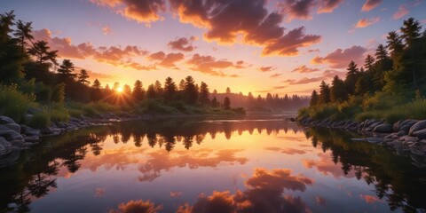 Fototapeta premium Sunset over calm river creates a kaleidoscope of colors, peaceful evening, colorful sky, purple shades