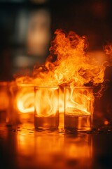 Flaming beverage shots on a bar, with glowing orange background for events