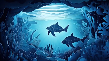 Ocean scene with layers, featuring turtles and sharks in a paper-cut design